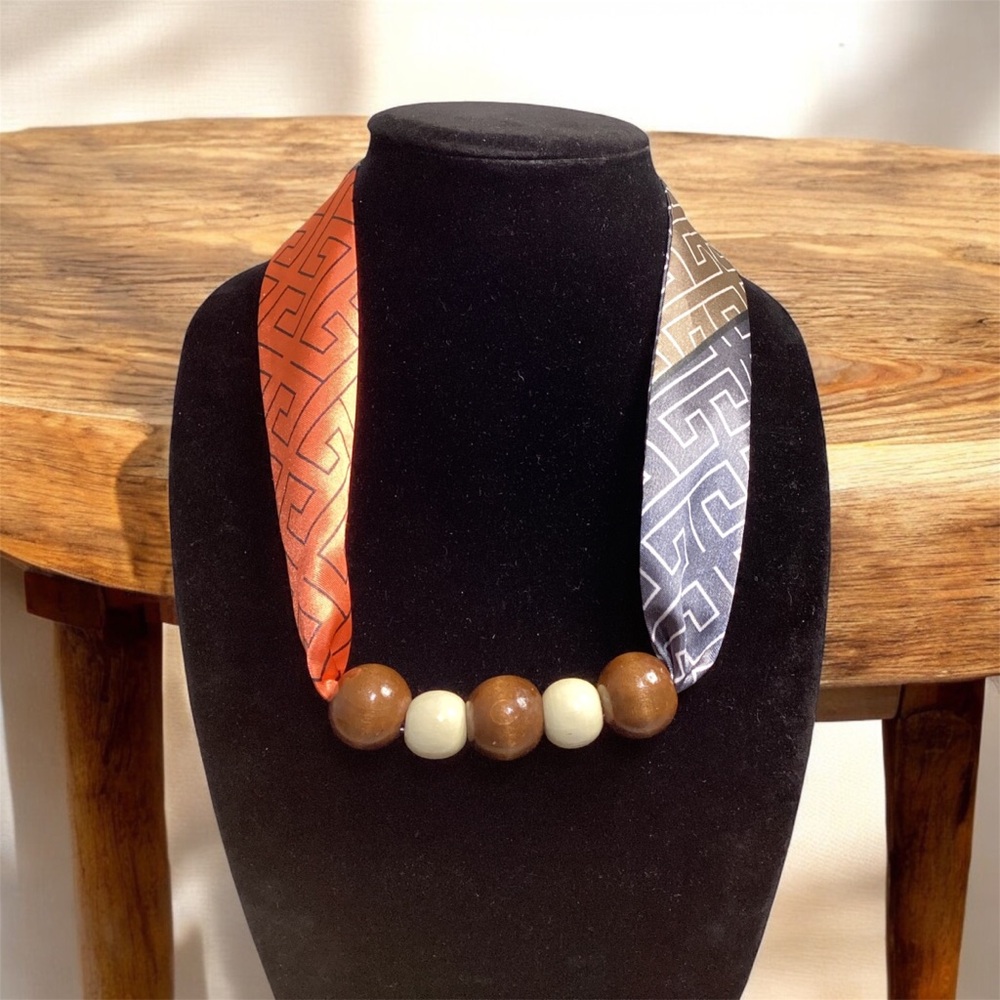 (#52) Handmade Orange,Tan and Gray Beaded Necklace